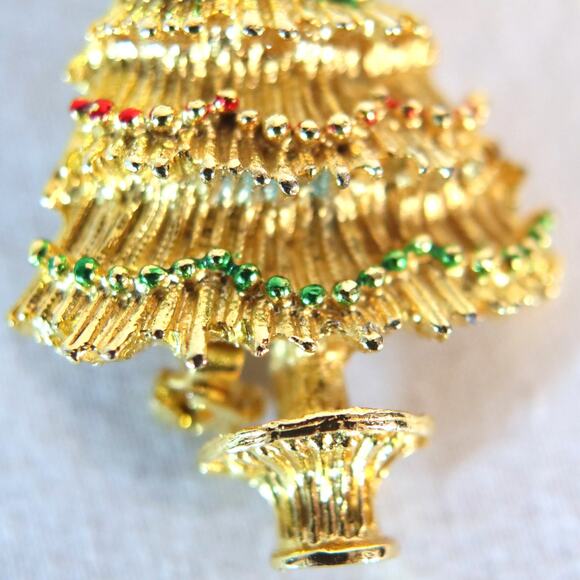 Christmas Tree Brooch Gold Tone Pines Red And Green Painted Lights - Picture 5 of 7